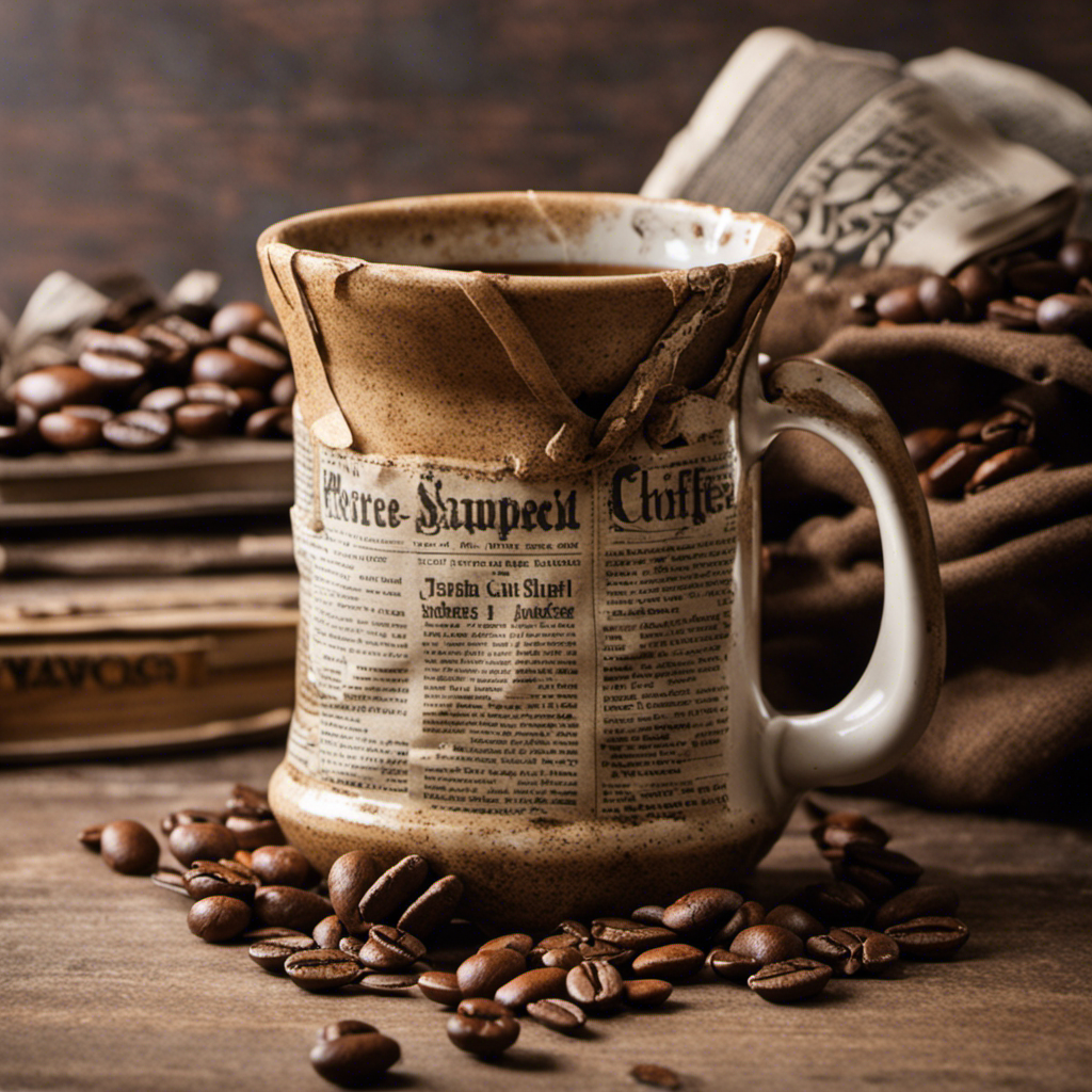 An image showcasing a cracked, faded coffee mug with remnants of dried coffee clinging to the sides, accompanied by a stack of vintage newspapers, evoking the question of whether 10-year-old coffee is still usable