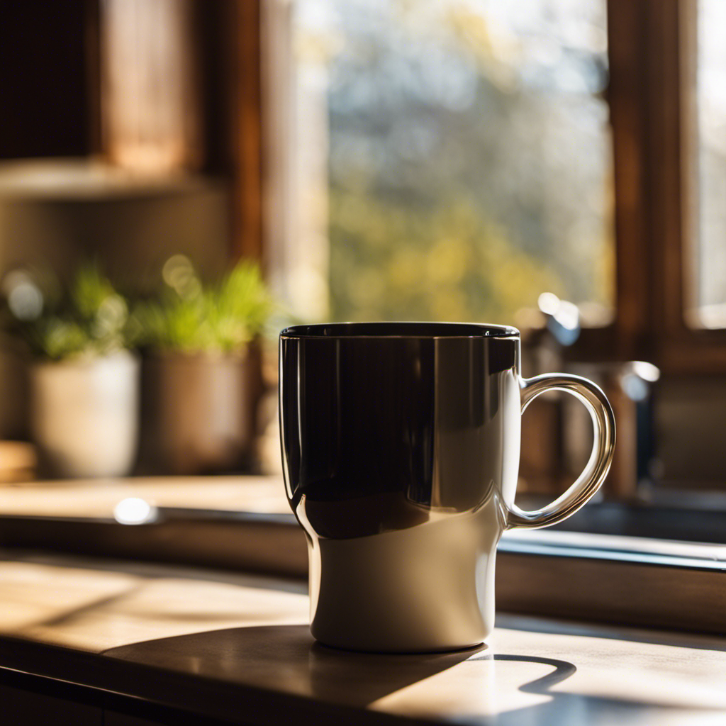 An image of a half-full coffee mug sitting on a kitchen counter, surrounded by morning sunlight streaming through a window