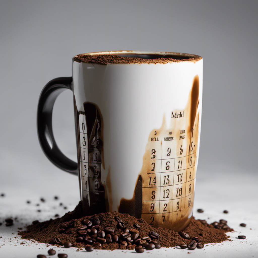 An image showing a half-empty coffee mug, filled with murky, stale coffee, surrounded by moldy coffee grounds and a calendar, emphasizing the passage of two weeks