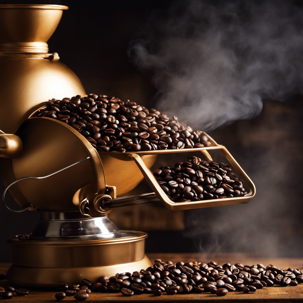 An image capturing the essence of freshly roasted coffee beans cooling down on a wire rack, emanating aromatic steam in a sunlit room