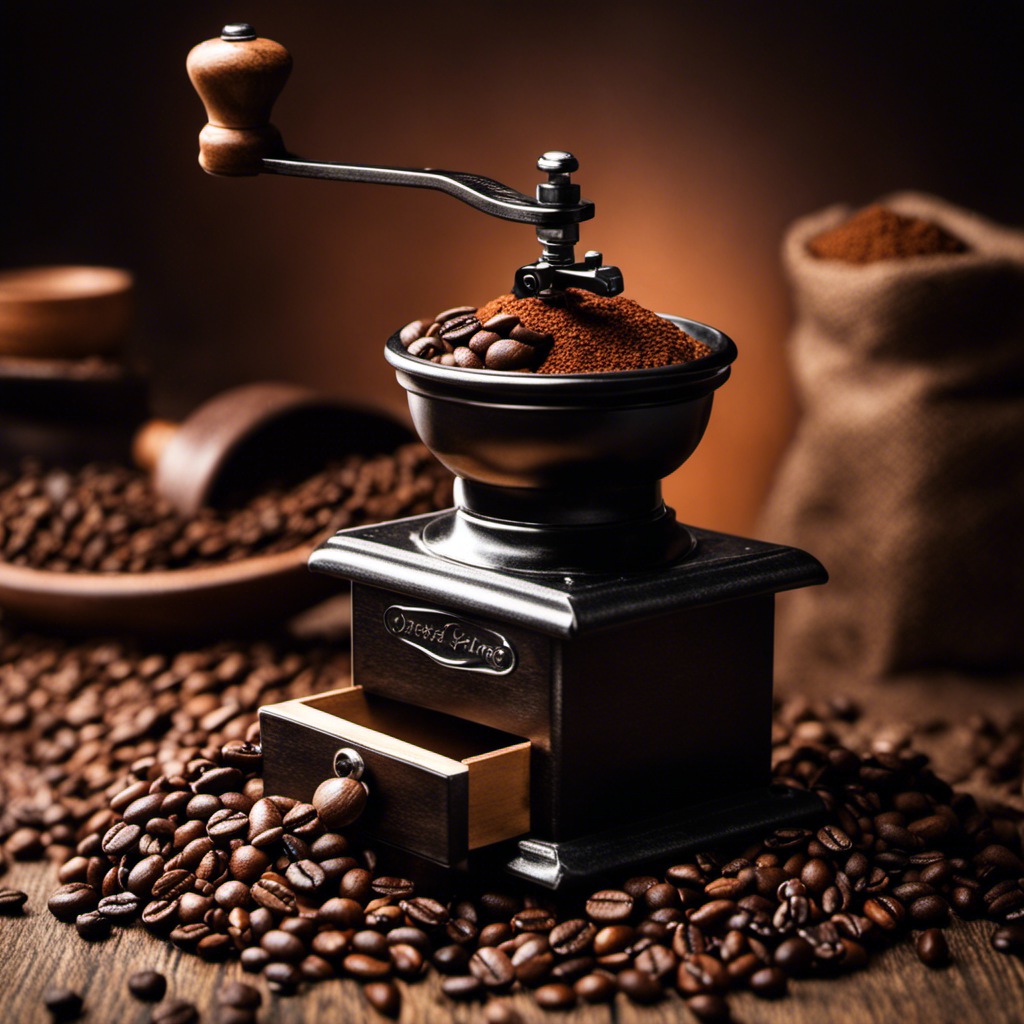 An image showcasing a hand-operated coffee grinder with a pile of excessively ground coffee beans spilling out, revealing a texture of fine dust