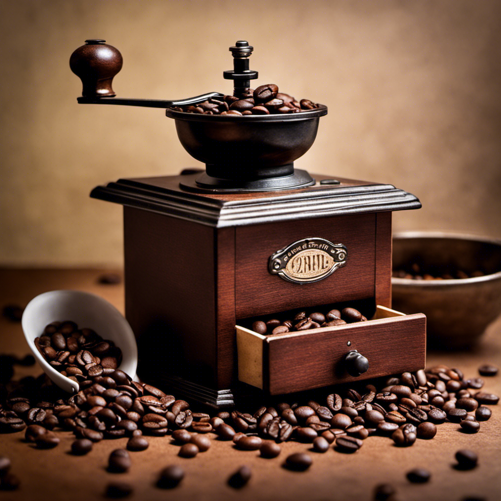 An image of a weary coffee grinder, covered in a thin layer of dust, sitting beside a neglected bag of 2-year-old coffee beans