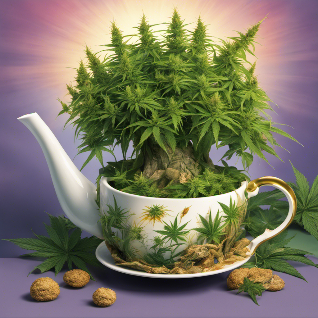An image depicting a serene, sun-drenched garden with vibrant green cannabis plants towering over a steaming teapot filled with liquid kelp