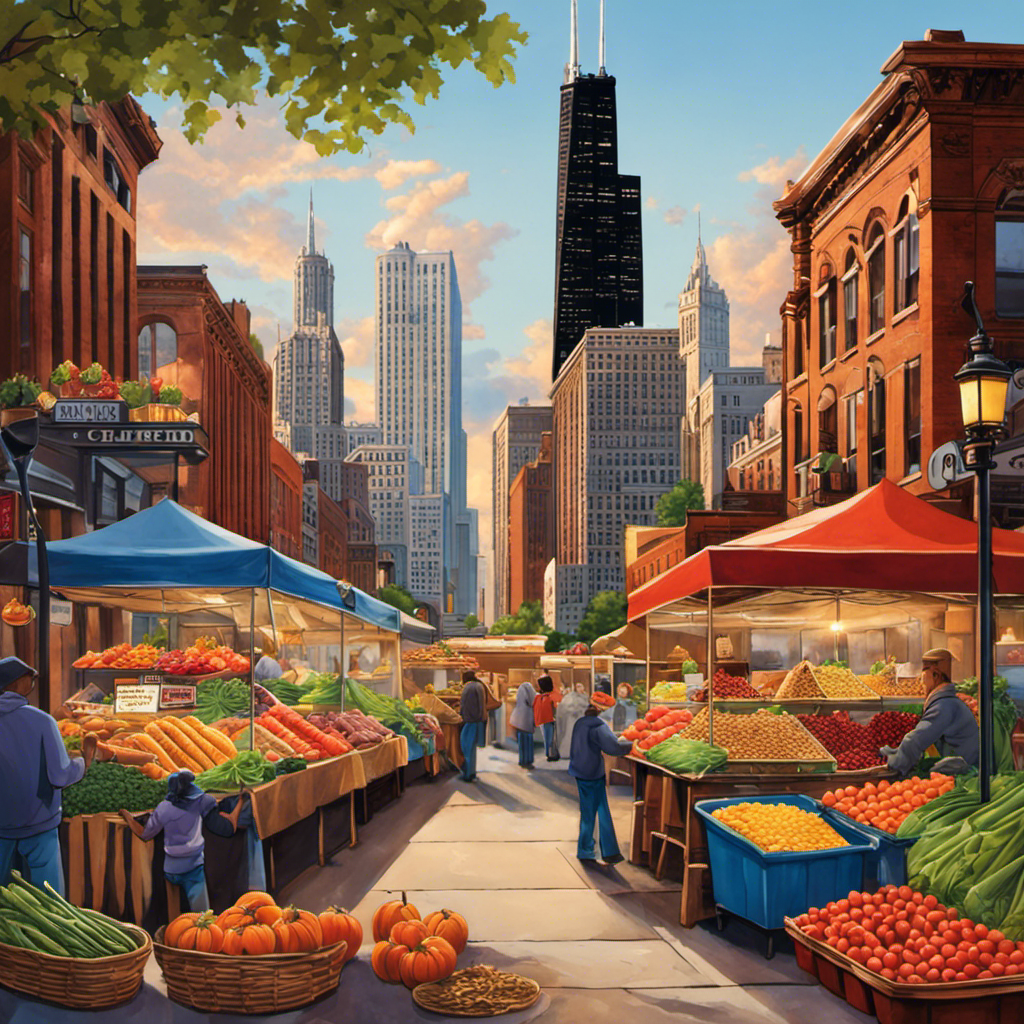 An image showcasing the vibrant cityscape of Chicago with iconic landmarks in the background, while a cozy neighborhood market stall in the foreground displays a variety of freshly harvested and aromatic chicory roots
