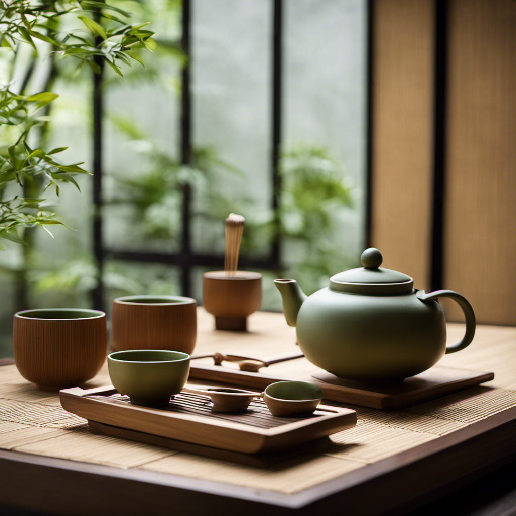 An image featuring a serene, minimalist Japanese tea room adorned with a traditional Tatami mat, a beautifully crafted ceramic tea set, a bamboo tea whisk, and a delicate tea scoop