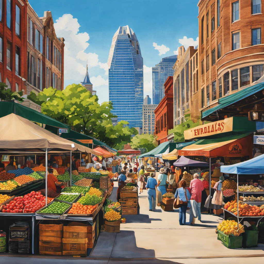 An image showcasing the vibrant streets of Dallas, Texas, with a bustling farmer's market in the foreground