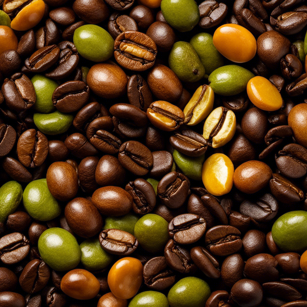 the essence of anticipation and transformation in a single frame: a close-up of an assortment of coffee beans, their vibrant hues ranging from chartreuse to amber, delicately arranged in pristine symmetry, awaiting the alchemical process of roasting