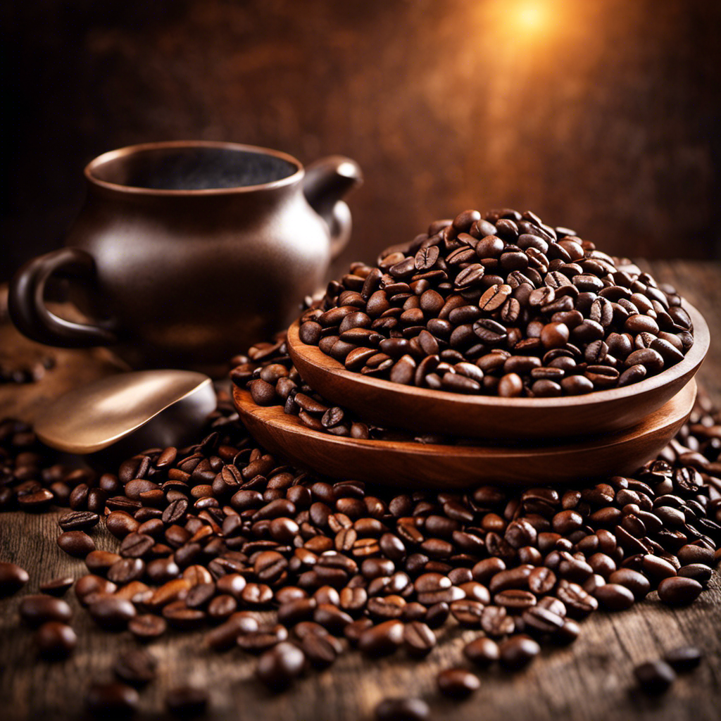An image capturing the essence of coffee bean roasting: a rustic, wooden table adorned with various coffee beans in different shades of brown, their glossy surfaces reflecting warm, golden sunlight streaming through a nearby window