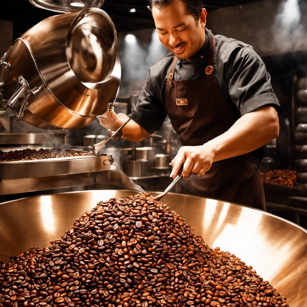 An image capturing the art of coffee bean roasting: a skilled barista, hands gracefully pouring green beans into a roasting drum, its metal surface glowing orange from the intense heat, as aromatic smoke dances around the scene
