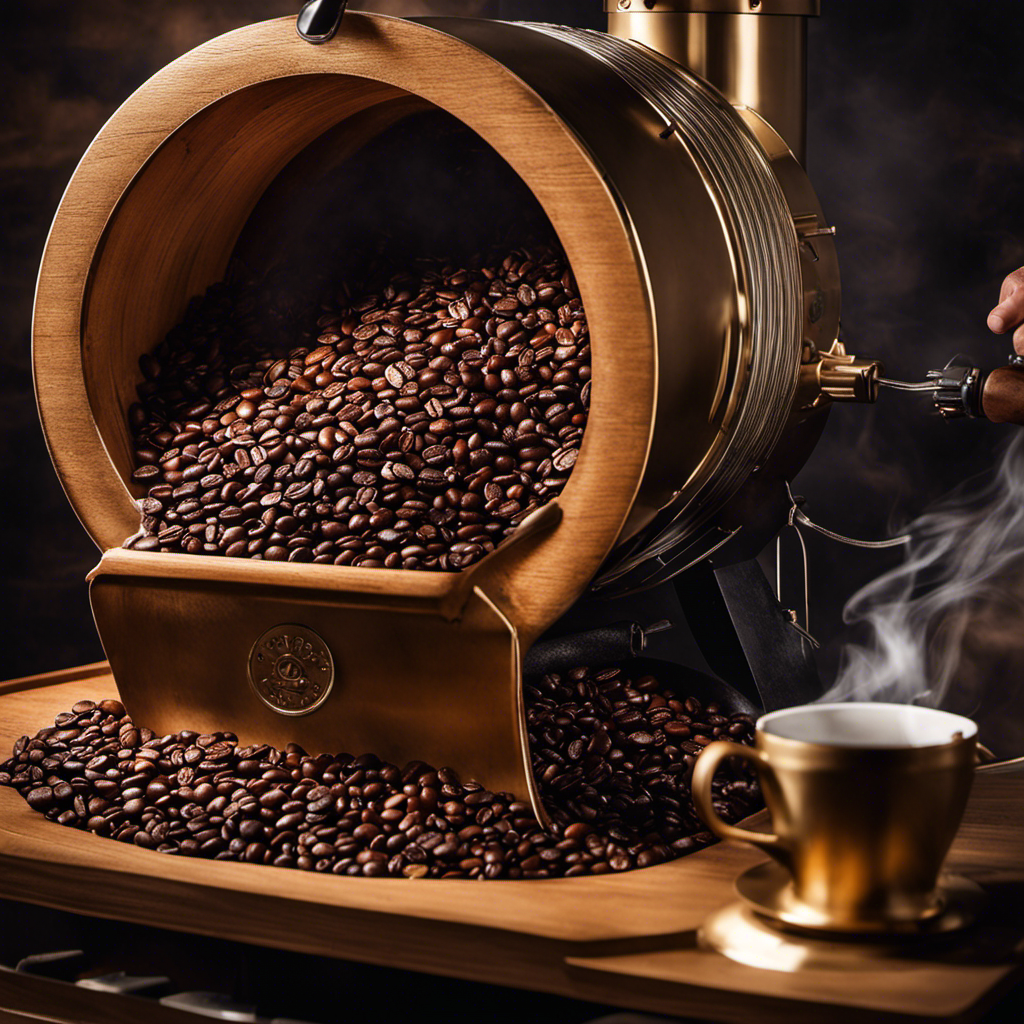 An image capturing the essence of a coffee roasting business for sale: vibrant coffee beans cascading down a gleaming roasting drum, swirling aromatic smoke, and a skilled roaster meticulously monitoring the process
