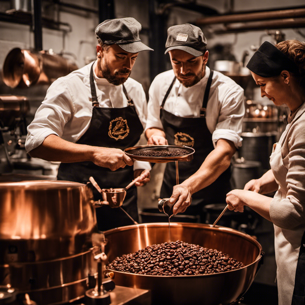An image showcasing a coffee roasting class: A group of passionate individuals huddled around a vintage, copper drum roaster, their hands carefully maneuvering beans, releasing rich aromas that fill the air with excitement and anticipation