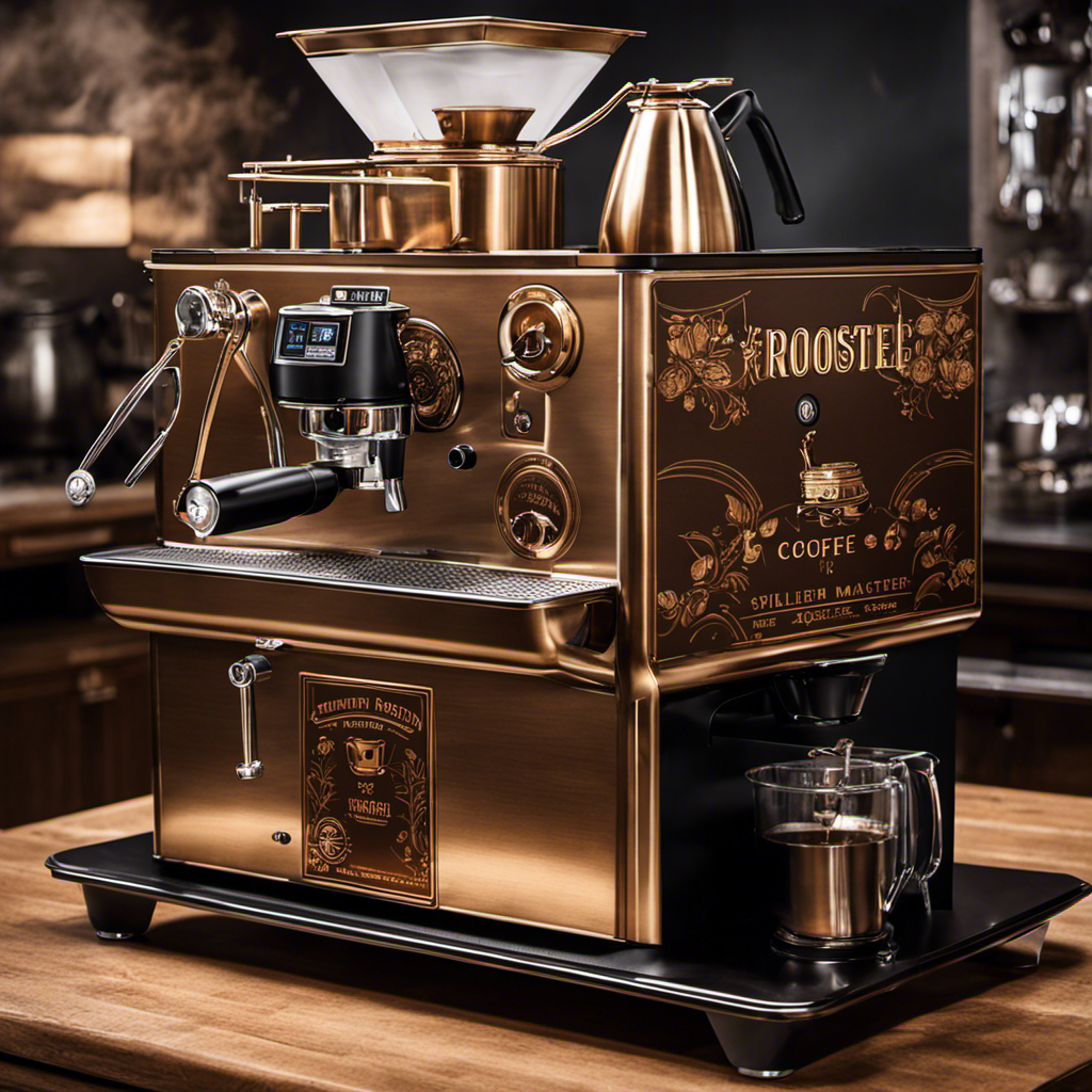 An image depicting a skilled coffee roaster expertly maneuvering a batch of beans in a gleaming, state-of-the-art roasting machine, with aromatic smoke billowing out, evoking the rich and alluring aroma of freshly roasted coffee