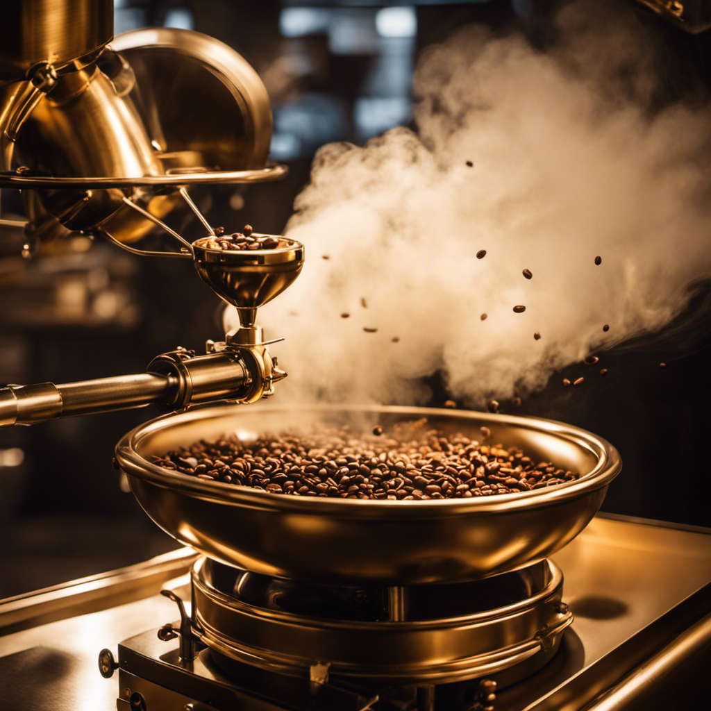 An image that captures the mesmerizing sight of a coffee roasting machine in action: golden-brown coffee beans tumbling in a gleaming, cylindrical chamber, surrounded by billowing aromatic smoke
