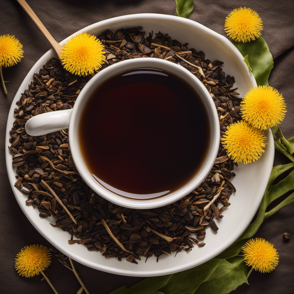 An image showcasing a steaming cup of rich, dark-brown dandelion root tea, gently brewed to perfection