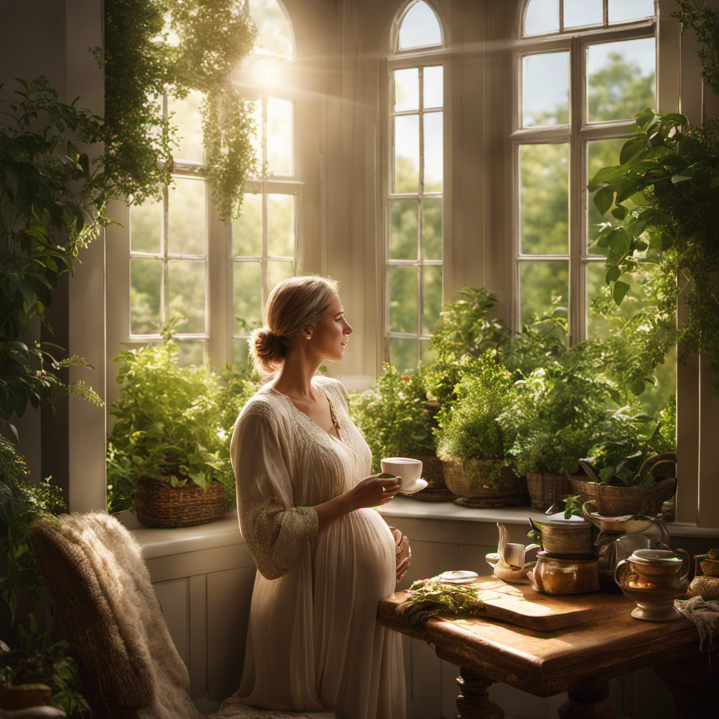An image showcasing a serene, expectant mother enjoying a warm cup of herbal tea in a cozy corner, surrounded by lush greenery and sunlight streaming through a window