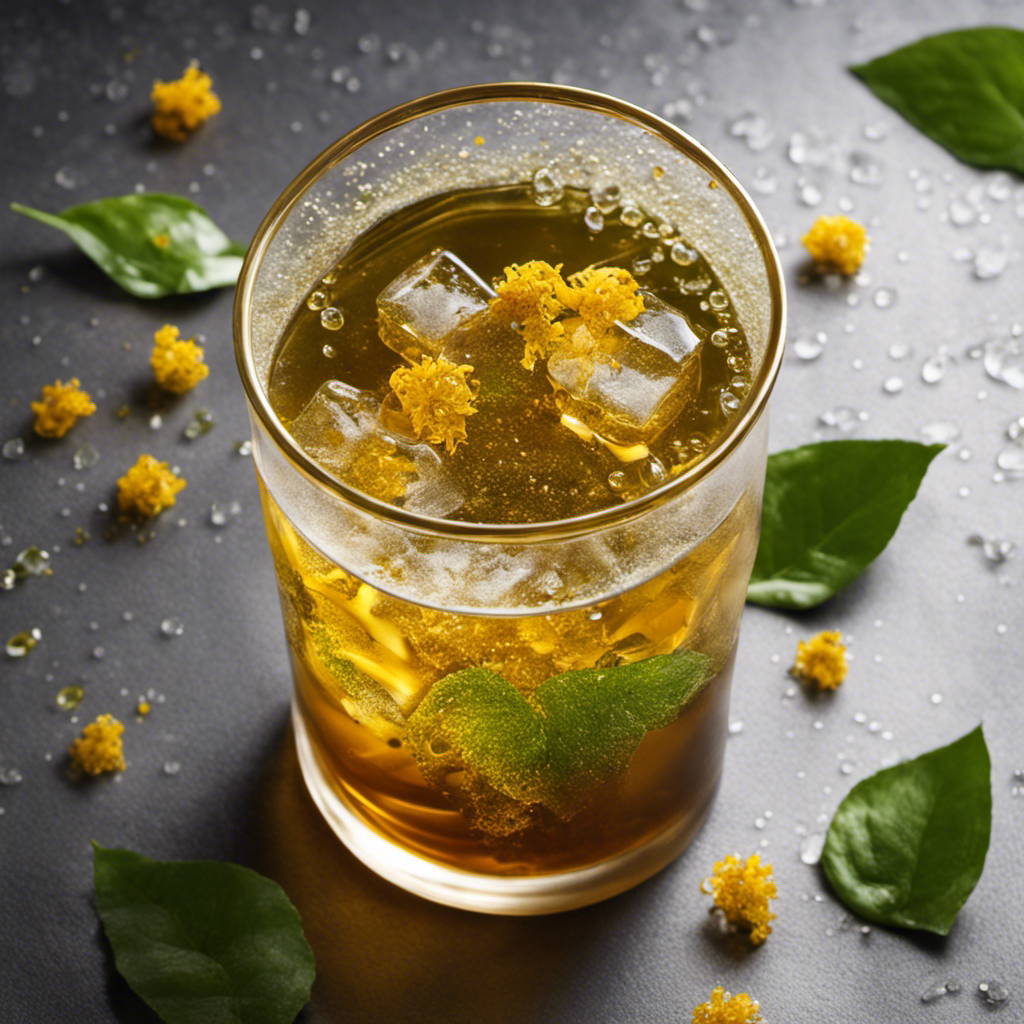 An image showcasing a glass filled with golden-hued Cold Brew Genmaicha, with delicate green tea leaves swirling in the icy depths, and droplets of condensation glistening on the surface