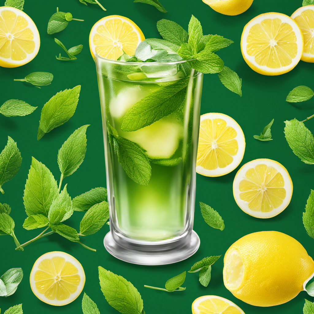 An image showcasing a tall, clear glass filled with vibrant, ice-cold green tea