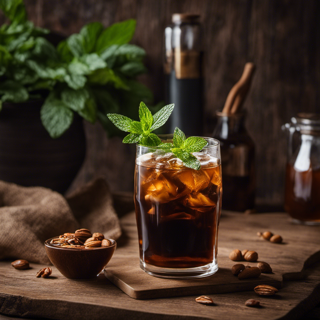 An image showcasing a tall glass filled with dark amber Cold Brew Hojicha, a refreshing beverage with hints of roasted nuts and caramel, garnished with a sprig of fresh mint on a rustic wooden table