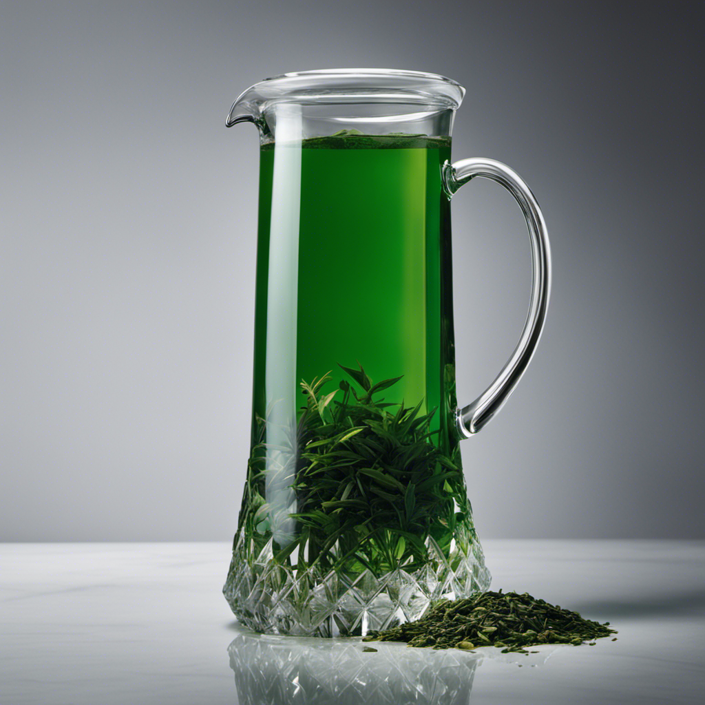 An image that showcases a pristine glass pitcher filled with vibrant emerald-green gyokuro tea leaves, delicately cascading into a tall, ice-filled glass