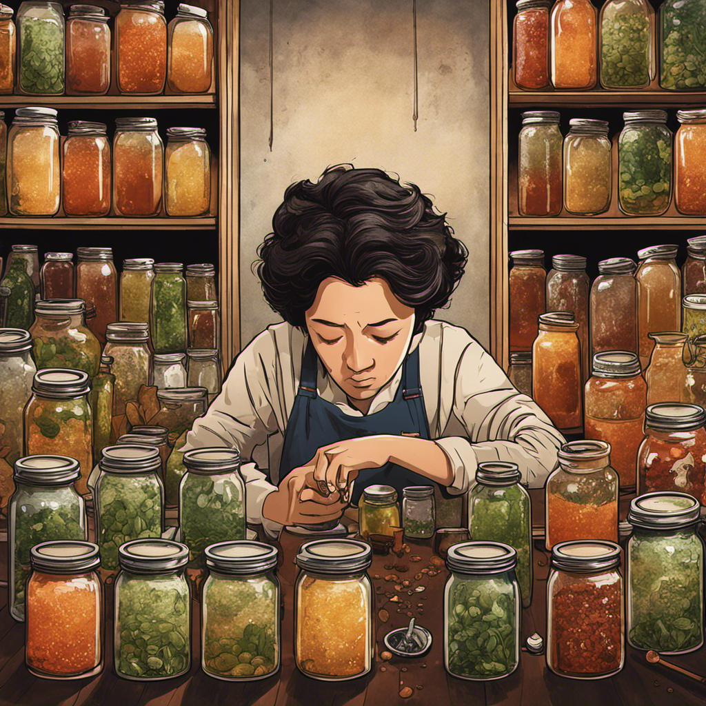An image depicting a frustrated person surrounded by jars of moldy and overly fizzy kombucha, a thermometer showing incorrect temperature, and a spilled jar of tea leaves