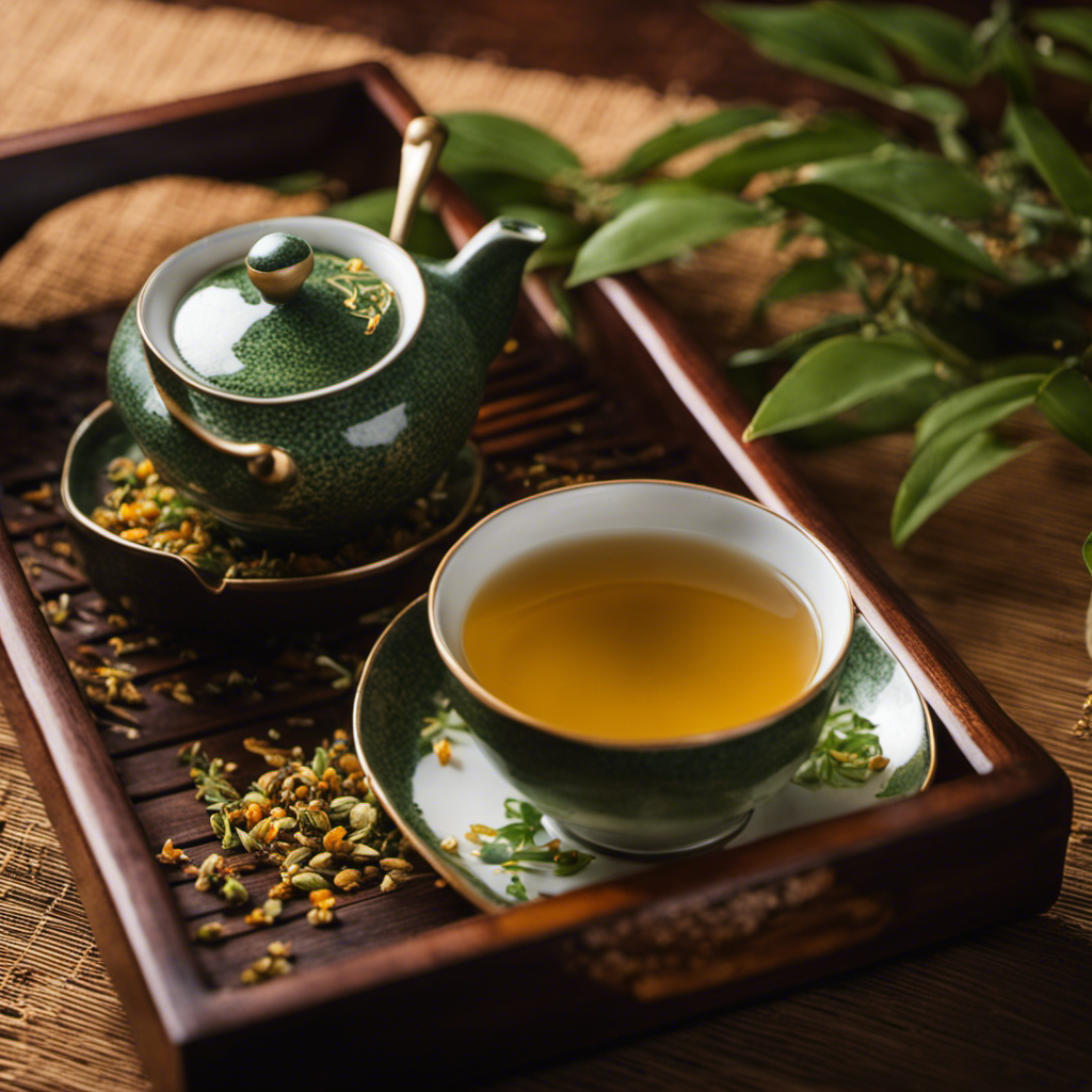 -up shot of a traditional Japanese tea set, with a steaming cup of golden genmaicha placed delicately on a wooden tray, surrounded by fragrant roasted rice grains and vibrant green tea leaves