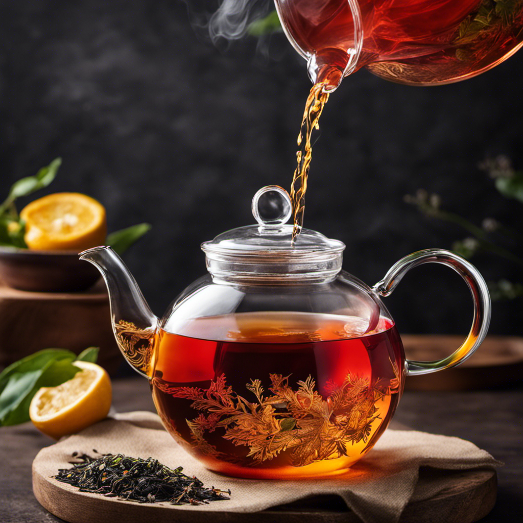 An image showcasing a hand pouring hot water from a gooseneck kettle into a glass teapot filled with vibrant loose leaf tea, capturing the delicate swirls and colors as it steeps