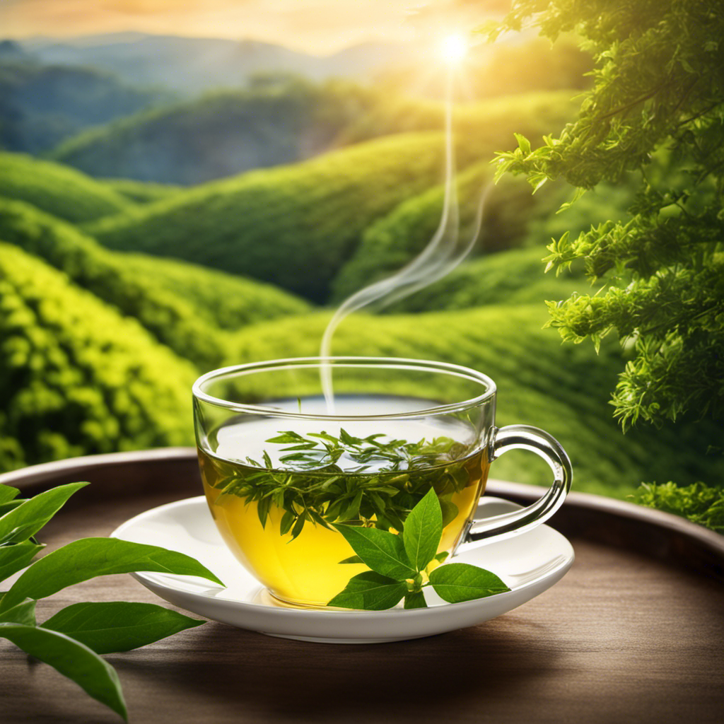 An image showcasing a serene morning scene: a cup of steaming decaffeinated tea surrounded by lush green tea leaves, with sunlight filtering through, evoking a sense of tranquility and emphasizing the health benefits of this revitalizing beverage