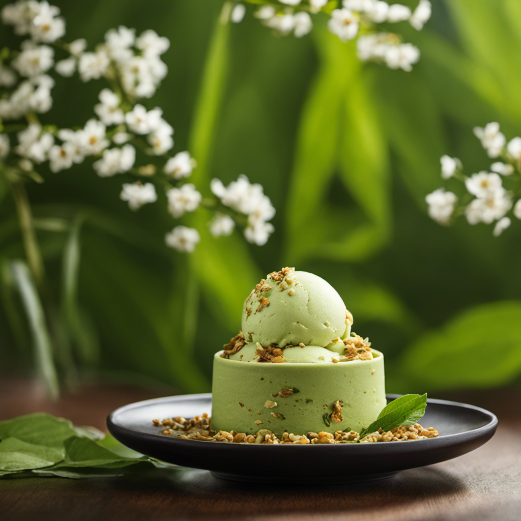 An image showcasing a luscious scoop of homemade Genmaicha ice cream, adorned with crunchy toasted rice bits, nestled on a bed of vibrant green tea leaves, and accompanied by a delicate matcha-infused cone