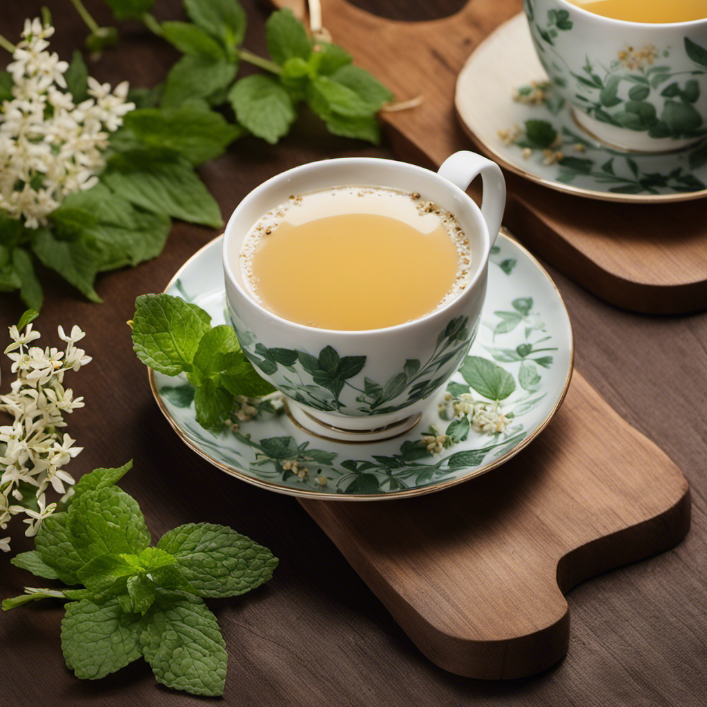 An image showcasing a steaming cup of creamy genmaicha milk tea, infused with toasty notes of roasted rice, green tea leaves, and a hint of sweetness, garnished with a sprig of fresh mint