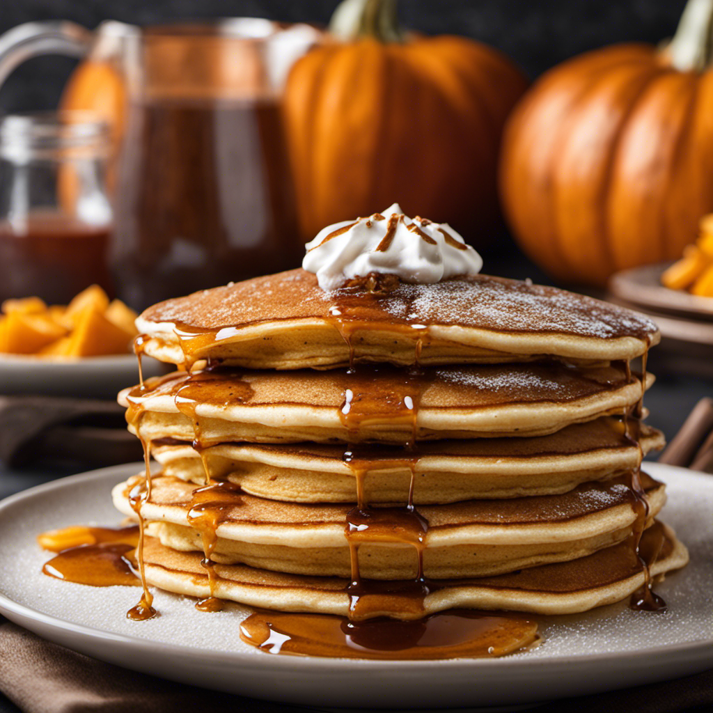 An image capturing the warm golden-brown hue of fluffy pumpkin pancakes