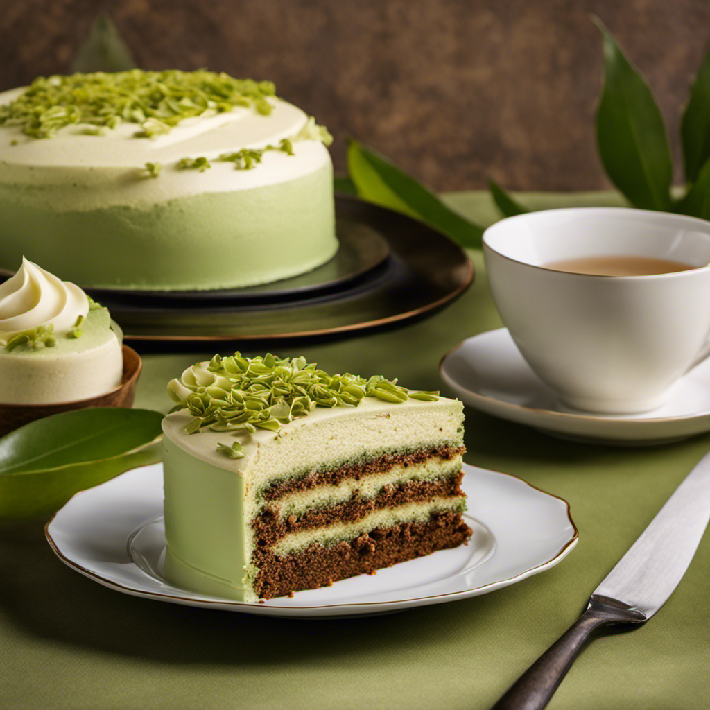 An image showcasing a luscious Hojicha Cake, adorned with layers of moist sponge, infused with aromatic roasted green tea