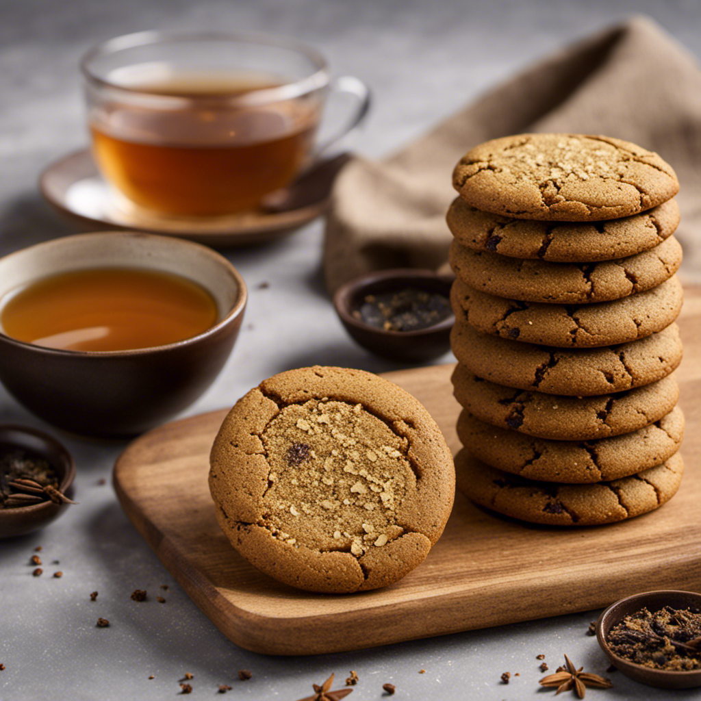 the essence of Hojicha Cookies with a tantalizing image: A stack of perfectly golden, crumbly cookies showcasing a rich, toasted aroma, adorned with delicate dustings of powdered sugar and flecks of roasted tea leaves