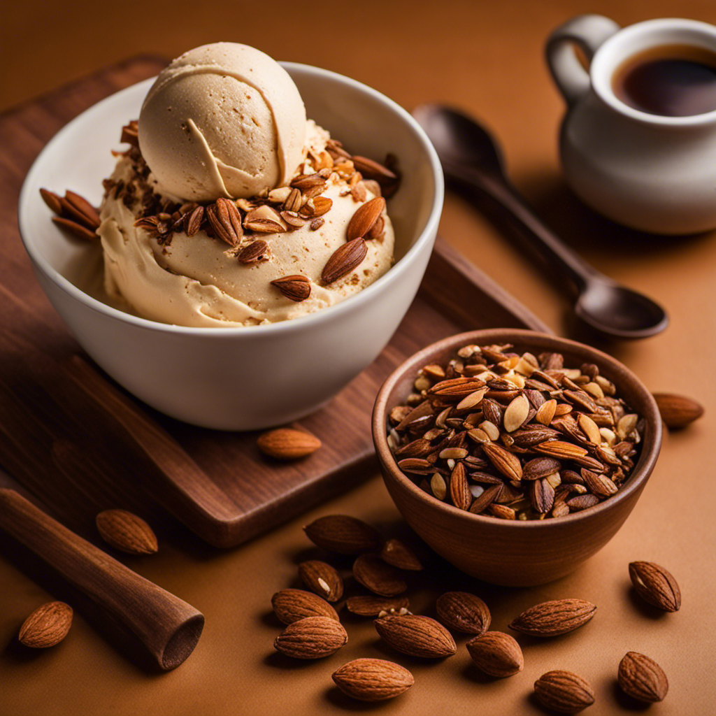 An image that showcases a scoop of creamy, velvety hojicha ice cream, adorned with crushed roasted almonds, emanating a warm, nutty aroma, and complemented by a backdrop of toasted tea leaves