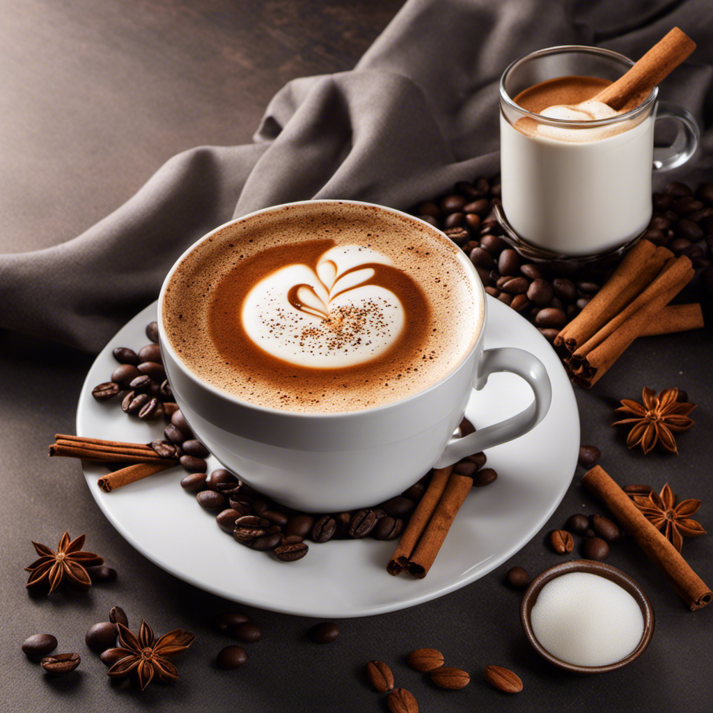 An image showcasing a steaming cup of aromatic coffee, rich and dark, with a frothy almond milk foam swirling on top, adorned with a sprinkle of cinnamon and a cluster of fresh coffee beans
