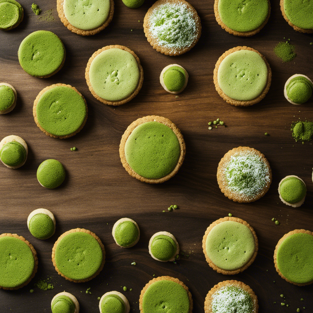 An image of a rustic wooden table adorned with an array of freshly baked matcha cookies, each one perfectly round and dotted with vibrant green matcha powder