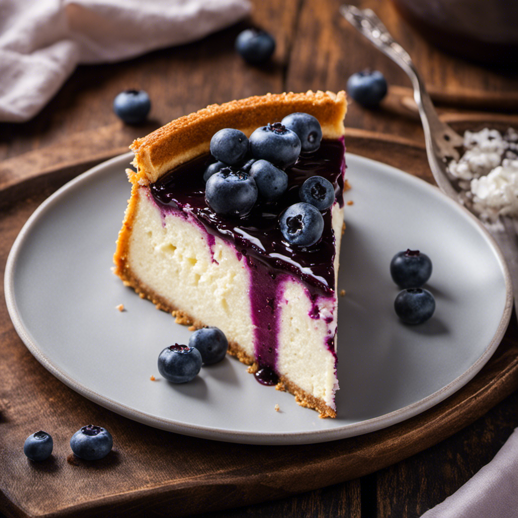 An image showcasing a slice of luscious blueberry Basque cheesecake, with a golden brown, caramelized top, revealing a creamy, velvety interior studded with juicy blueberries
