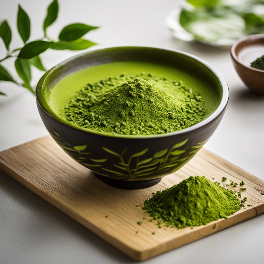An image that depicts a vibrant green matcha powder being sifted into a delicate ceramic bowl, surrounded by fresh green tea leaves
