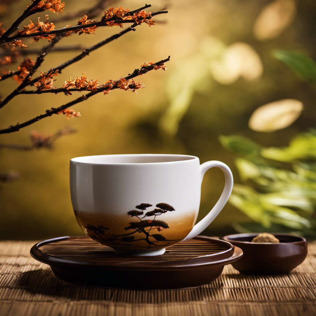 the essence of Hojicha tea with an image of a ceramic cup filled with a rich amber-colored brew