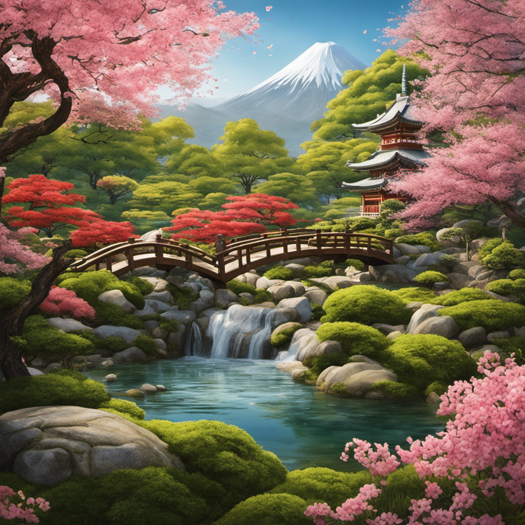 An image showcasing a serene Japanese tea garden with a traditional teapot pouring a vibrant green stream of Kukicha