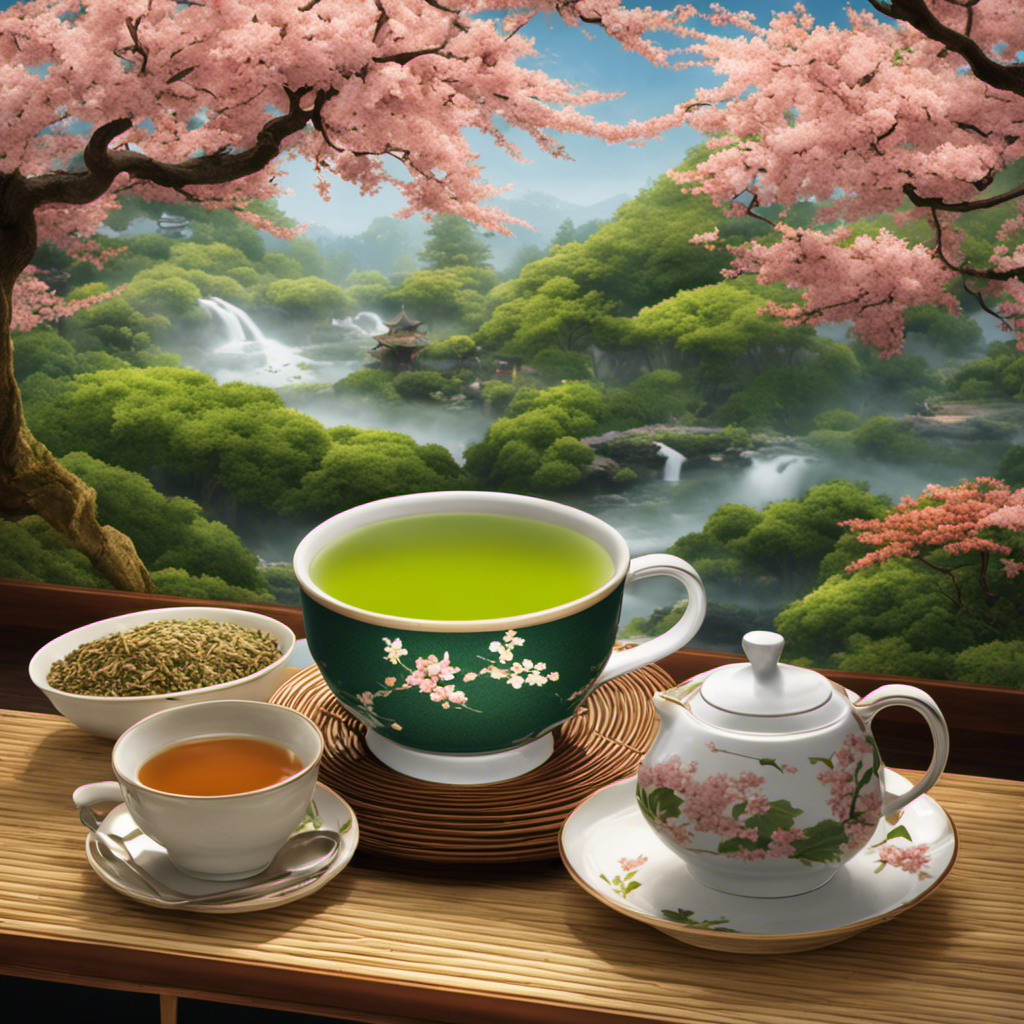 An image showcasing a steaming cup of genmaicha tea, filled to the brim with vibrant green tea leaves and roasted brown rice
