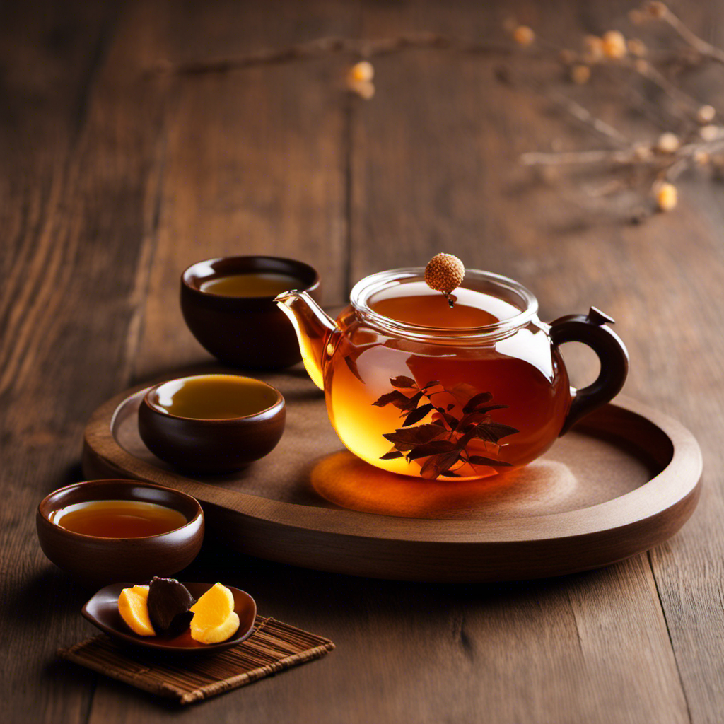 An image showcasing a handcrafted Japanese tea set atop a rustic wooden table, with a delicate ceramic teapot pouring vibrant amber Hojicha into a small porcelain cup, as wisps of aromatic steam gently rise
