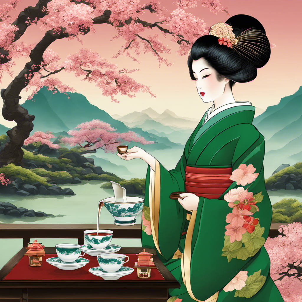 An image showcasing a traditional Japanese tea ceremony: a graceful geisha pouring vibrant emerald Gyokuro tea into delicate porcelain cups, surrounded by a serene Zen garden, bamboo water fountain, and serene cherry blossom trees