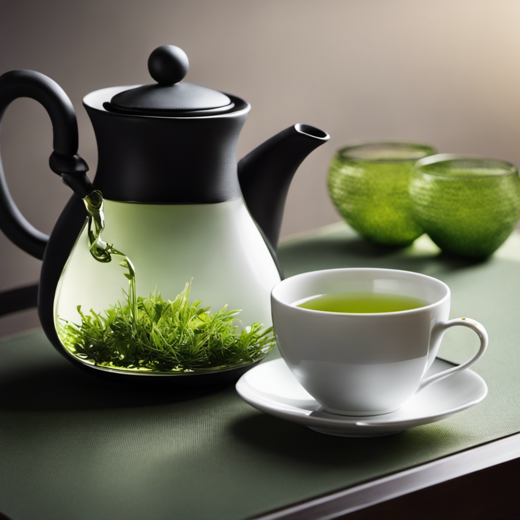 An image showcasing a delicate Japanese teapot pouring vibrant green Shincha tea into a dainty teacup, contrasting with an elegant black teapot gently steeping fragrant Japanese black tea into a sleek black teacup