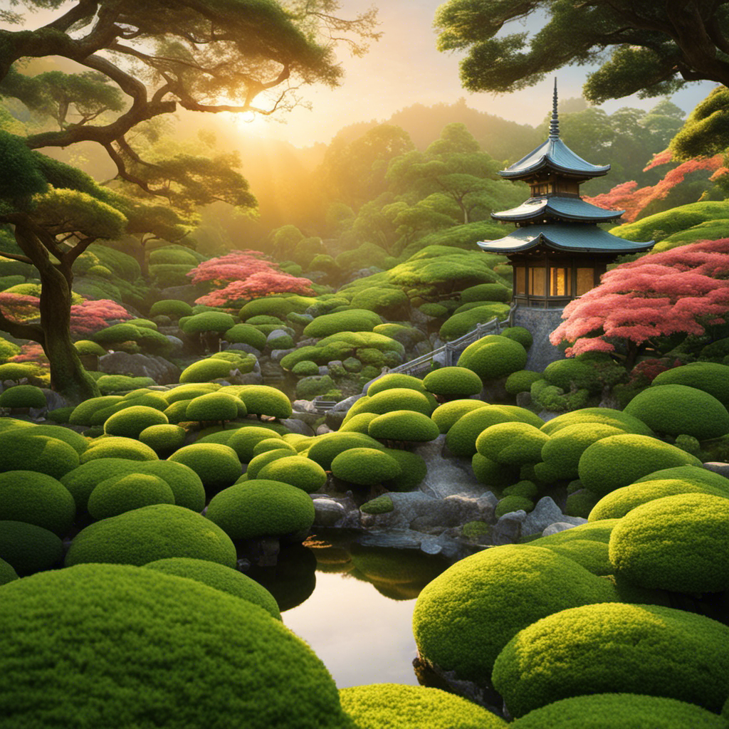 An image showcasing a serene Japanese tea garden bathed in soft morning light, with a close-up of a delicate hand plucking vibrant, emerald Gyokuro leaves
