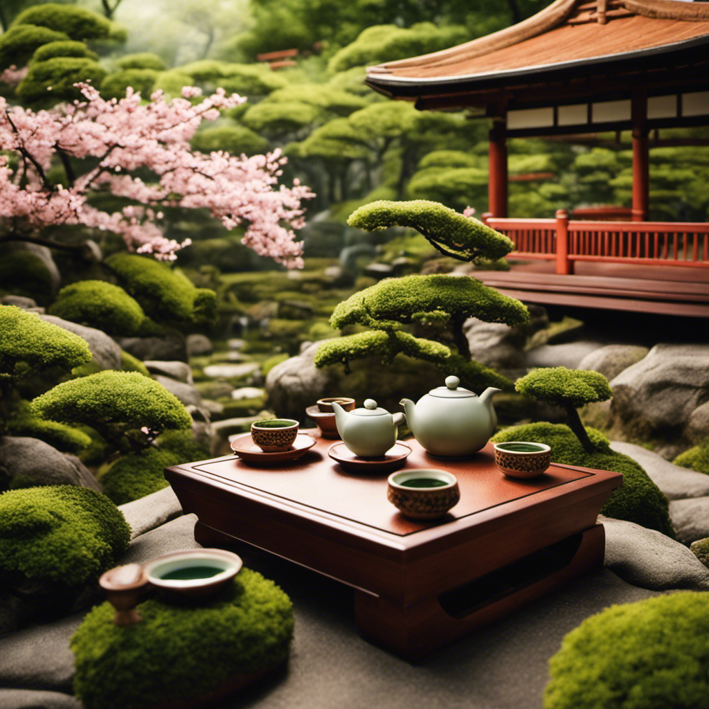 An image showcasing a serene Japanese tea garden, featuring a traditional tea ceremony with a steaming cup of Bancha tea, surrounded by lush green tea leaves and delicate cherry blossoms