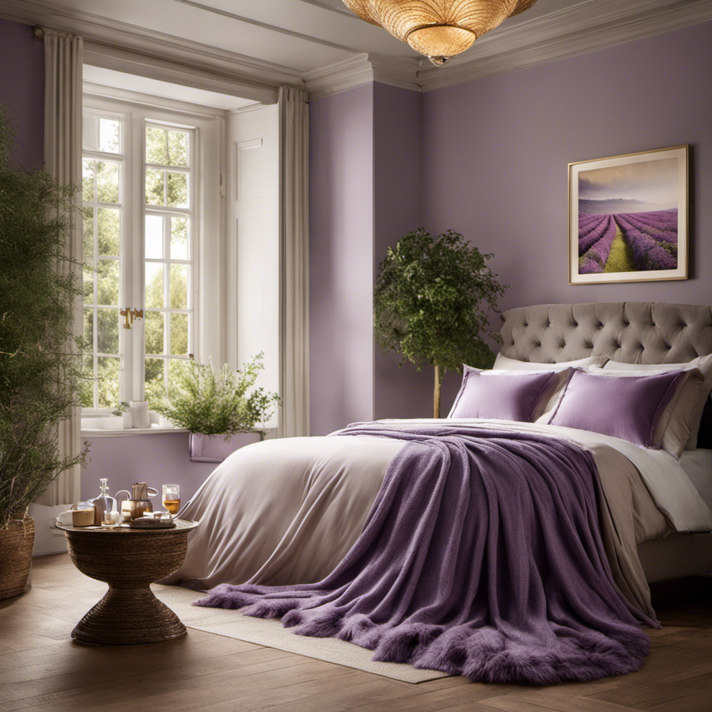 An image showcasing a serene bedroom scene with a steaming cup of loose leaf tea on a bedside table, surrounded by calming elements like lavender sprigs, a cozy blanket, and dimmed golden light