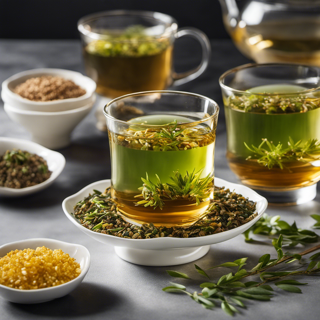 An image that portrays the essence of Genmaicha tea: a delicate, transparent tea cup filled with golden-hued brew, infused with roasted brown rice, and adorned with floating green tea leaves