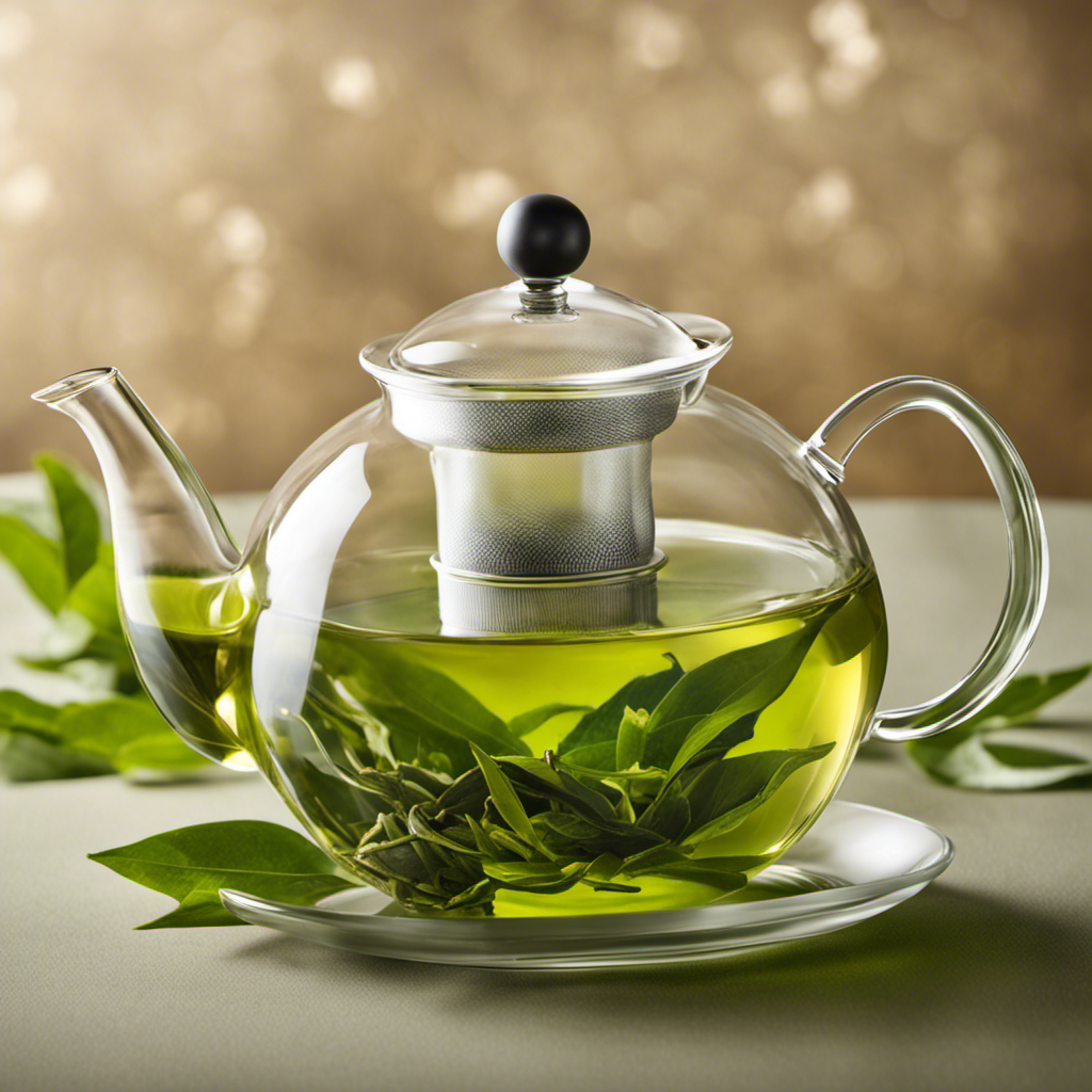An image capturing the essence of quality green tea: a delicate, vibrant tea leaf unfurling gracefully in a clear glass teapot, surrounded by steam rising from the infusion, showcasing its rich color and inviting aroma