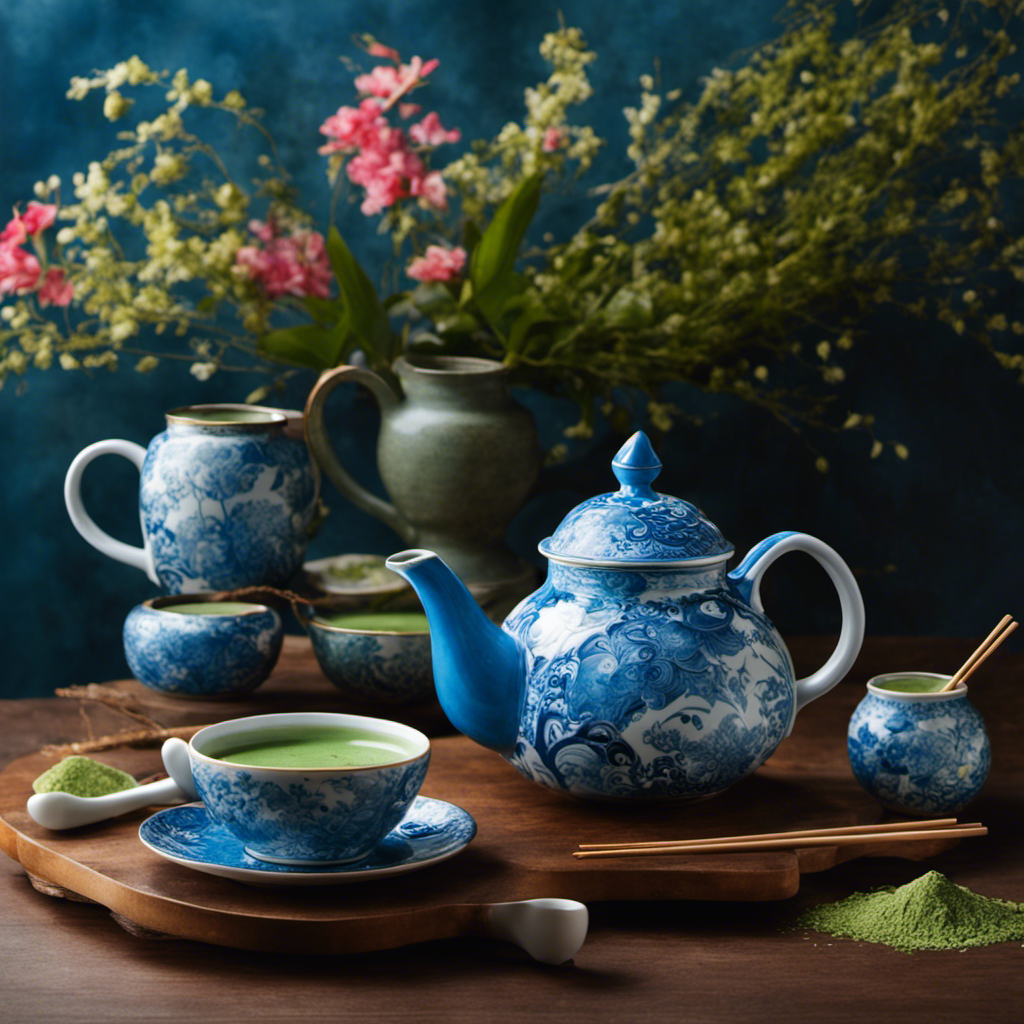 An image showcasing a vibrant, cerulean-hued matcha latte cascading from a delicate, hand-painted Japanese teapot, surrounded by an assortment of traditional matcha tools and adorned with exquisite blue-hued floral motifs