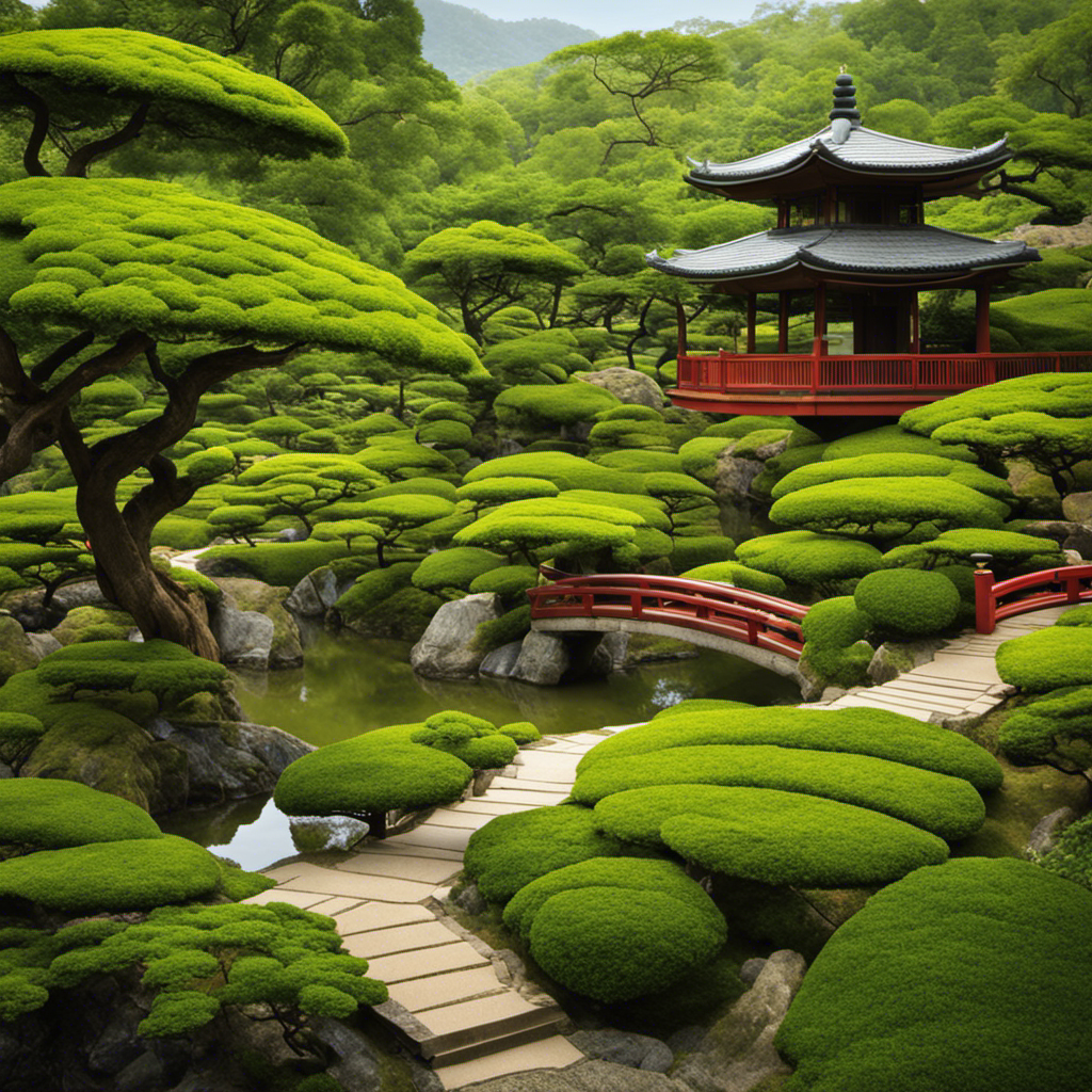 An image of a serene Japanese tea garden with a traditional tea house nestled among lush greenery